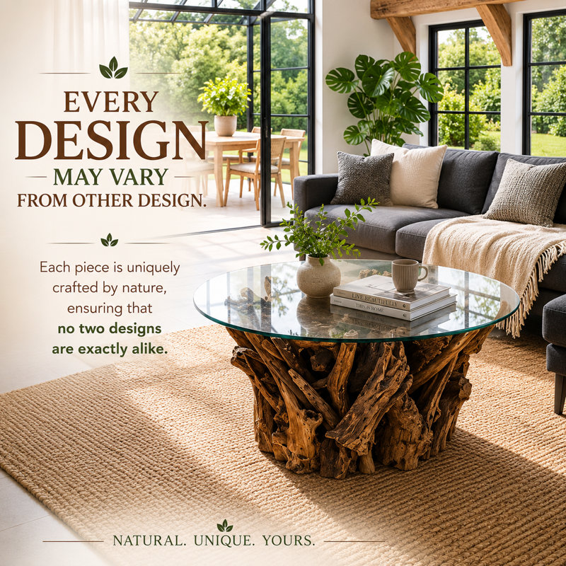 Modern Natural Wood Handcrafted Round Coffee Table Teak Root and Branch Design with Tempered Glass