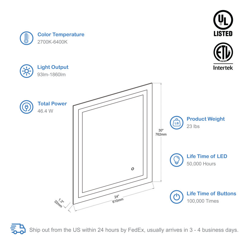 Lyra LED Lighted Bathroom Mirror with Defogger – Wall-Mounted Vanity Mirror with Adjustable Brightness & Color Temperature
