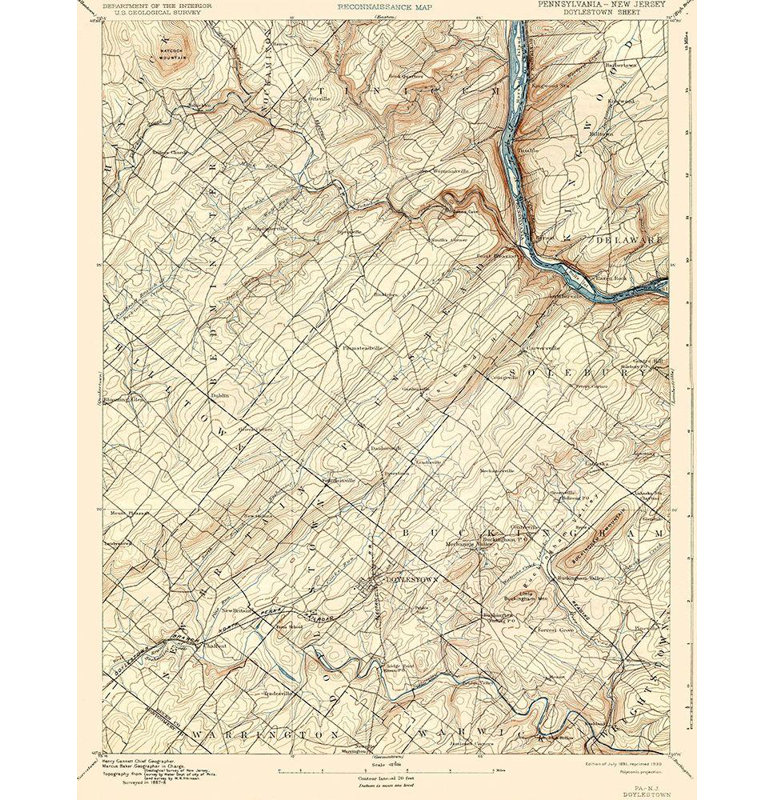 Toile tendue avec châssis Lark Manor ™ USGS: Doylestown, Pennsylvania, New Jersey, H 18 po x l 15 po