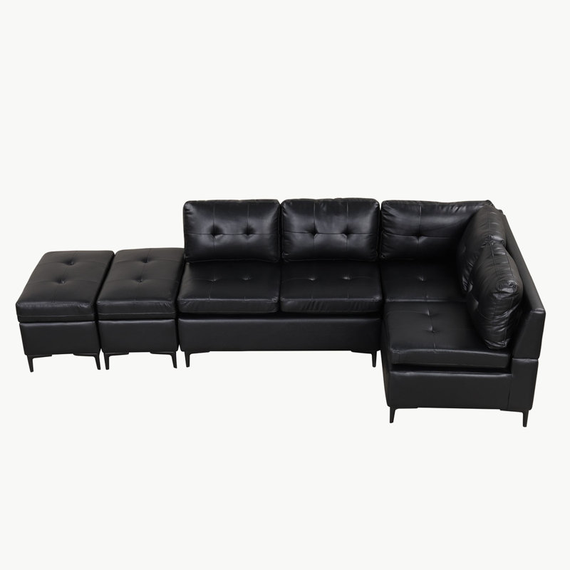 94.88" L-Shaped Corner Sofa Pu Leather Sectional Sofa Couch with Movable Storage, Black Faux Leather