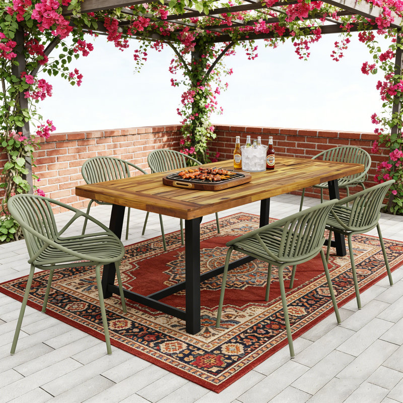 Ensemble de salle à manger d'extérieur moderne 7 pièces avec chaises empilables et table en bois d'acacia durable, Vert