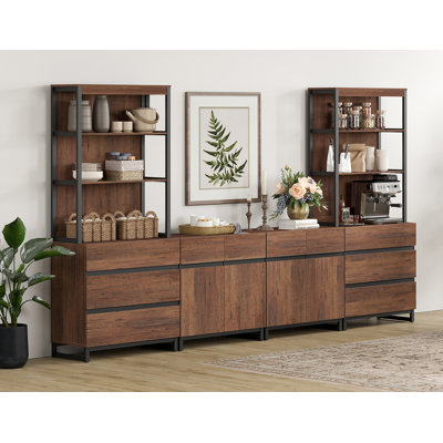 Buffet moderne avec 3 niveaux et 4 armoires, 6 tiroirs et tablettes réglables