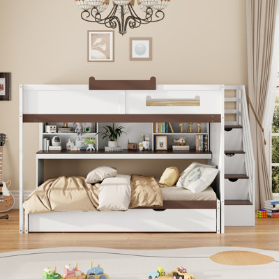 Lit superposé double au-dessus de double avec gigogne simple, escalier, tablettes de rangement et lumières DEL, mobilier de chambre d'enfant blanc