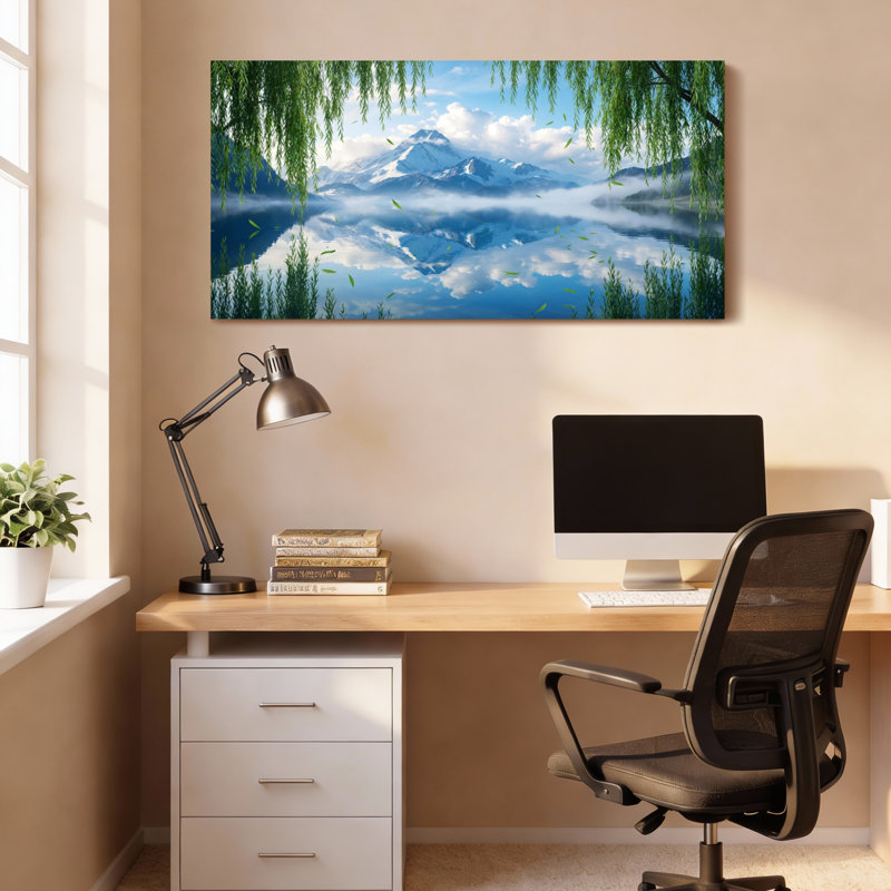 «Mountain Lake Reflection With Willow Trees», reproduction d'art sur toile tendue sur toile, ensemble de 1, H 16 po x l 32 po