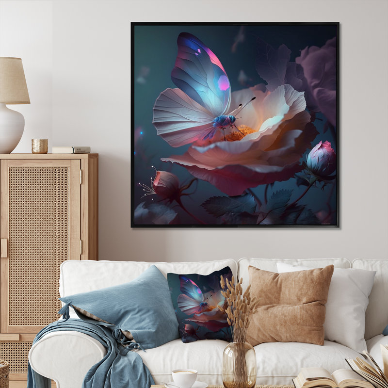 Fleur crème avec papillons en fleurs I - décoration murale florale, Cadre photo noir, L 16 po x H 16 po
