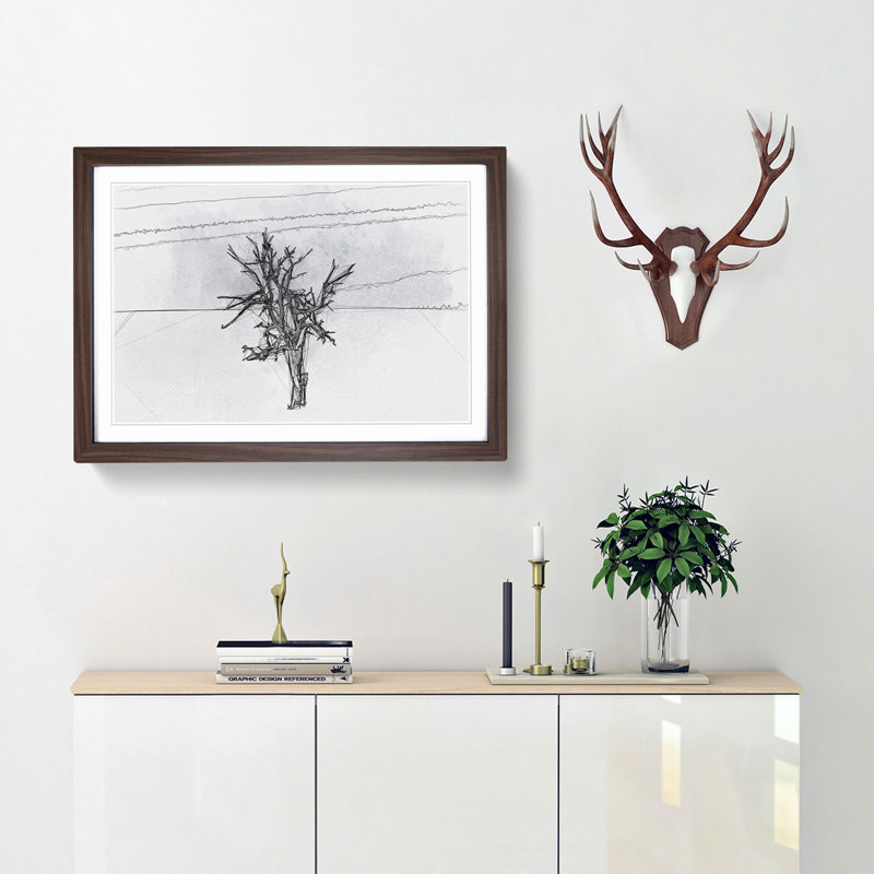 Winter Tree in Abstract - Picture Frame Graphic Art Print, 60cm H x 91cm W x 2cm D, Walnut