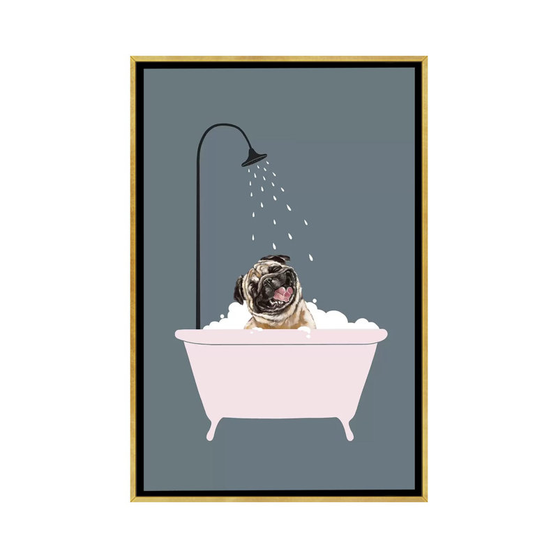 Art de salle de bain carlin à bulles rires, Toile encadrée d'or, H 40 po x l 26 po x P 1,5 po