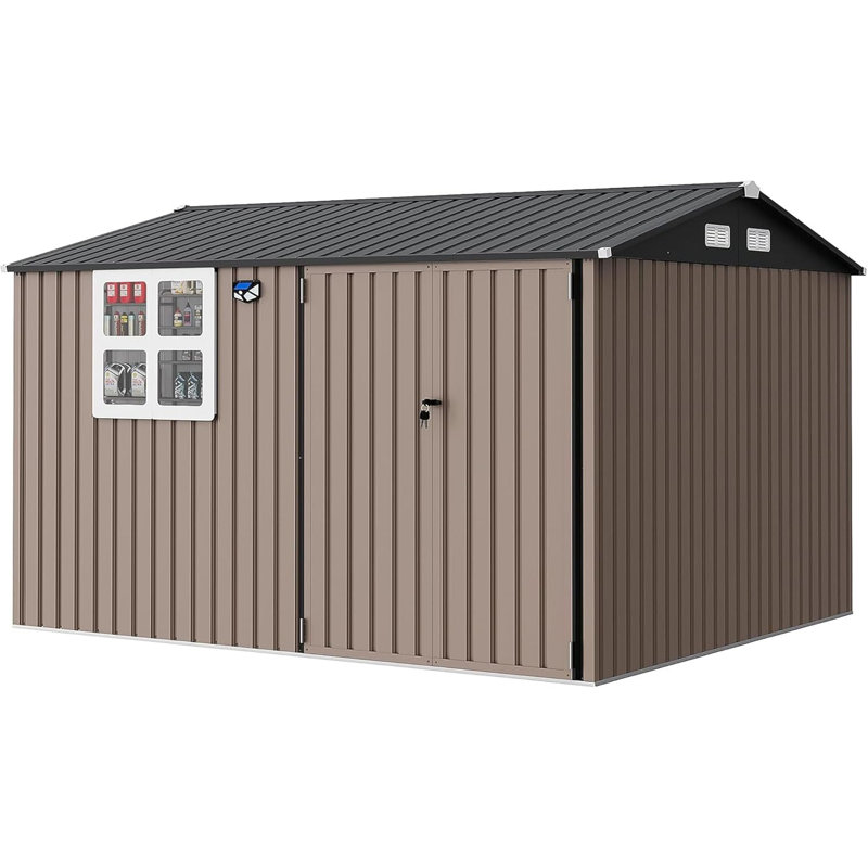 10x8FT Metal Storage Shed with Sloped Roof, Lockable Doors, Solar Light, Windows, and Vents, Outdoor Storage Sheds for Garden, Backyard, Patio Tools