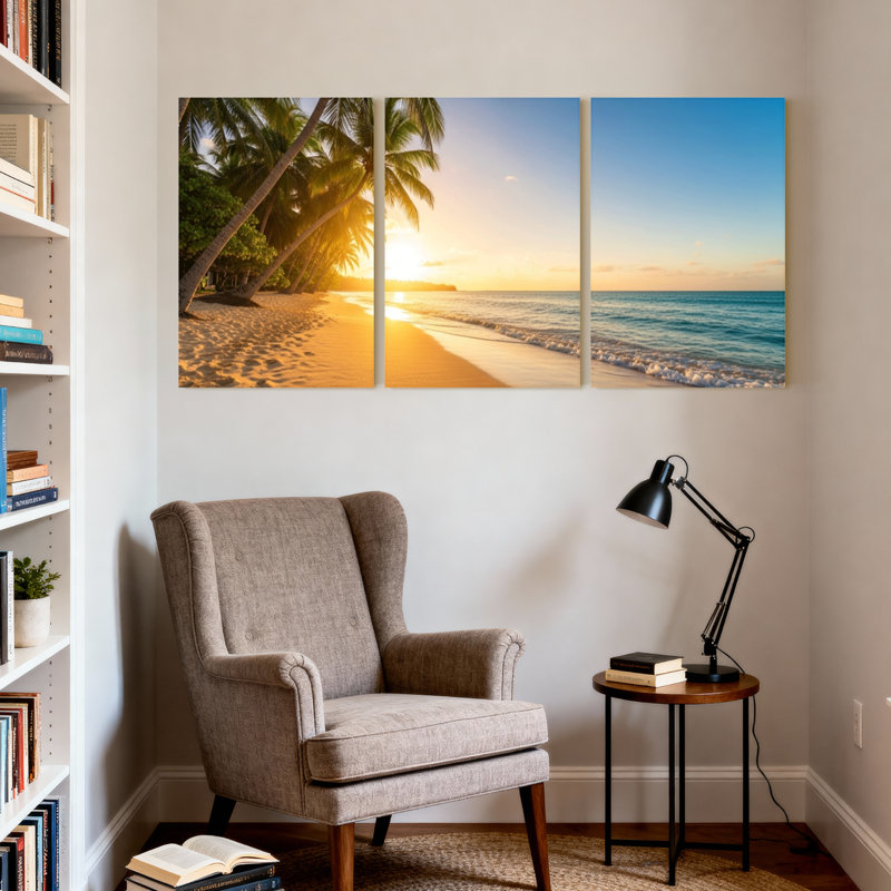 Palmiers, coucher de soleil, plage, palmiers, océan, vagues, sable, ciel, ensemble de 3 impressions sur toile