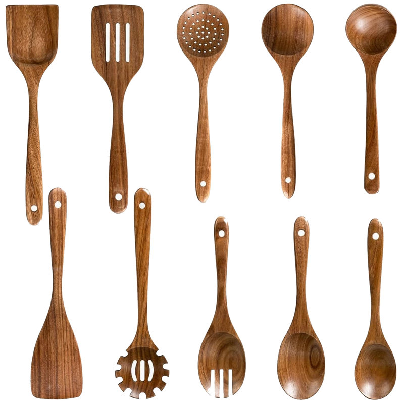 Ensemble d'ustensiles de cuisine 10 pièces, ensemble d'ustensiles de cuisine en bois, résistant à la chaleur antiadhésif