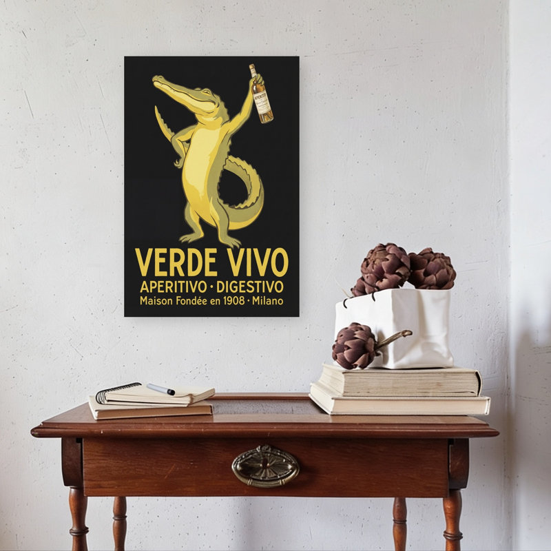 Green Alligator Aperitivo Classic Playful Retro Alligator Crocodile Wall Art Print by Andreas Magnusson - Wrapped Canvas Print