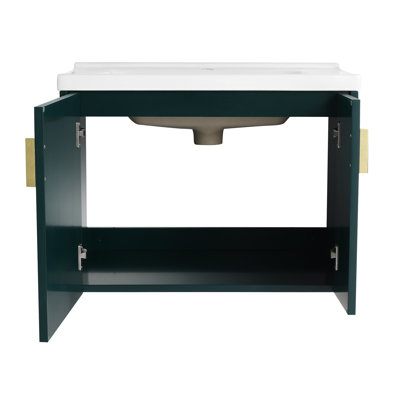 Modern Bathroom Vanity With Ceramic Basin - 28 Inch, Wall Mounted, Soft Close, Hint Mounted Unit Sink, Close Doors, Style For Small Baths, Plywood