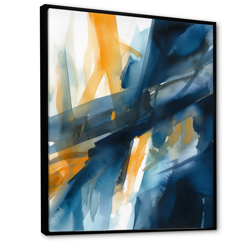 Fusion bleue et dorée sur toile, H 32 po x l 16 po x P 1 po, Cadre flottant noir