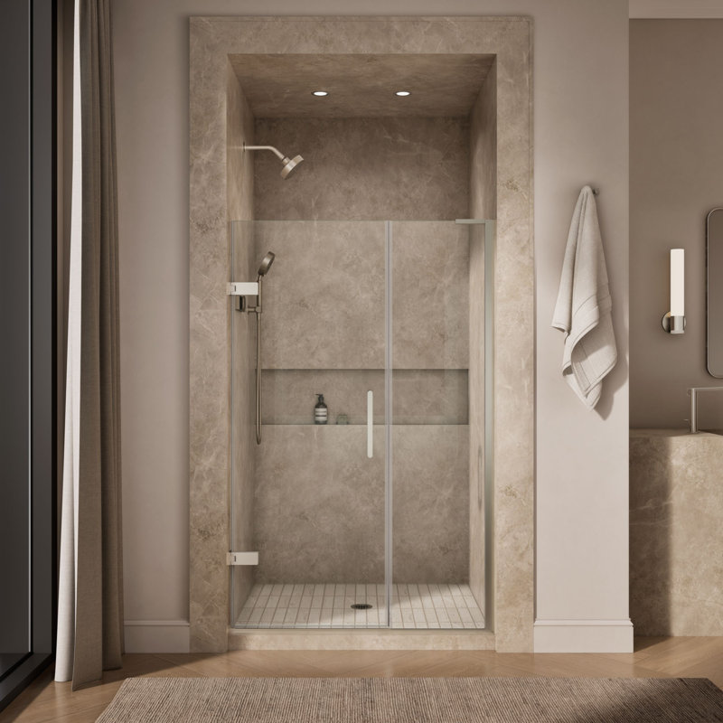 Composed 4646-3/4-In W X 71-1/2-In H Frameless Pivot Shower Door With 3/8-In Crystal Clear Glass And Back-To-Back Vertical Door Pulls