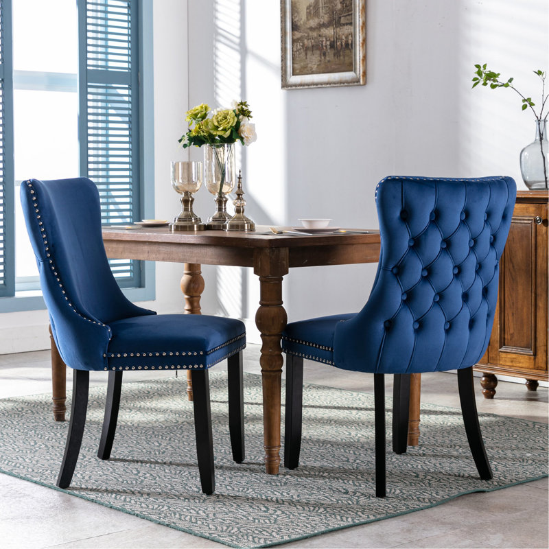 2Pcs Blue Velvet Dining Chairs, Solid Wood Legs, Backstitching Detail, Cozy Experience Of 2 Chairs In Velvet, Trim, And Comfortable Seating