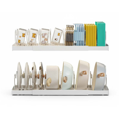 2 Pack 22" Expandable Pots and Pans Organizer with 9 Adjustable Dividers for Cabinet Countertop White Lid Holder