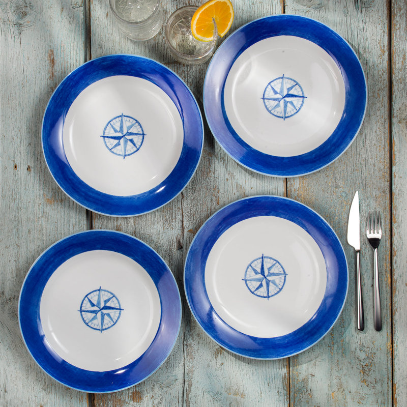 Nautical Blue and White Ceramic Dinner Plate Set, 10.8"