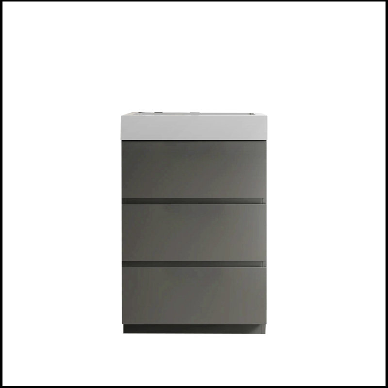 Meuble-lavabo autoportant de 24 po avec évier, grande vasque de rangement Priama pour salle de bain moderne, lavabo une pièce sans drain et robinet, pré-assemblé