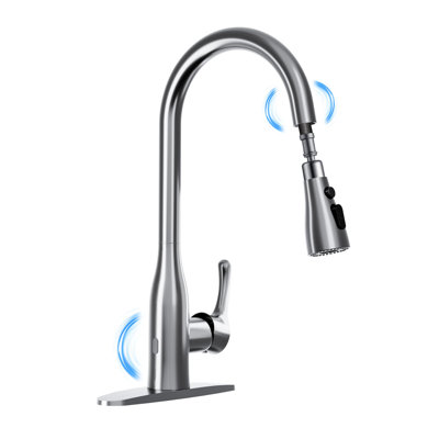 Silver Touchless Kitchen Faucet with Dual Motion Sensors, Pull Down Sprayer, Water-Saving Brushed Nickel Tap, Single Handle 1 or 3 Hole Sink Faucet for Farmhouse, RV, Laundry & Bar
