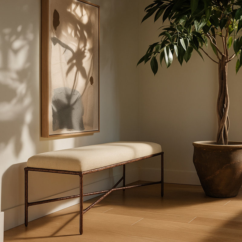 Banc en tissu Iyania Chenille, Tissu chenille beige, Bronze