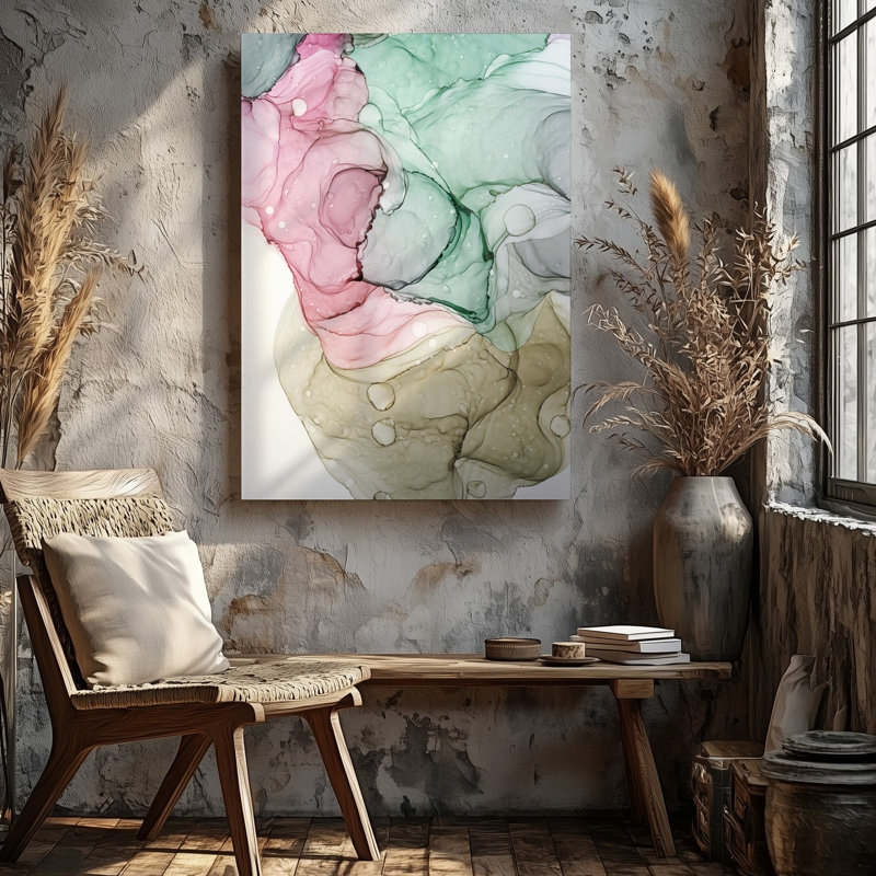 Reproduction d'art sur toile, "Composition abstraite" avec des couleurs pastel tourbillonnantes, y compris un art mural doux, des roses à la menthe et des beiges crémeux