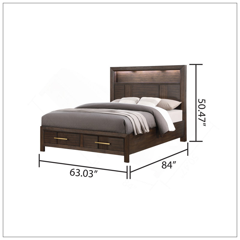Modern Style Queen Bed Made With Wood & LED Headboard With Bookshelf, Walnut
