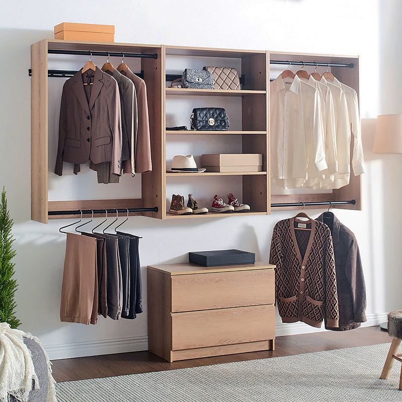 Devi Oak Wall Mounted Wood Closet System, Oak Wood