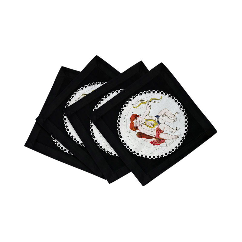 Zodiac Gemini Cotton Sateen Cocktail Napkins, Black
