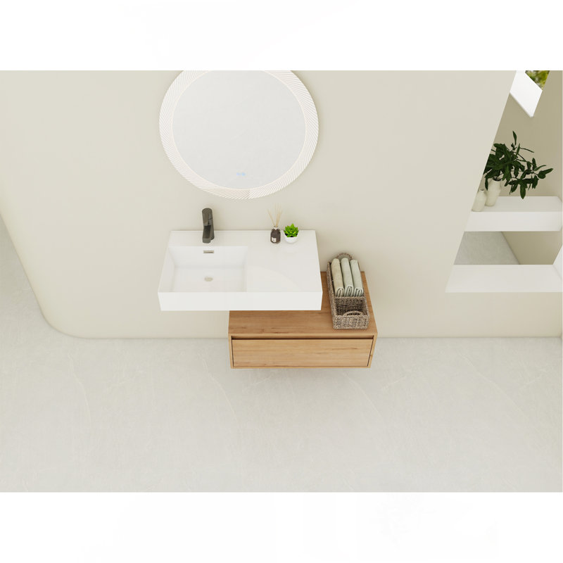 Meuble-lavabo mural de 30 po avec lavabo en résine, tiroir à fermeture en douceur et fixation à flotteur