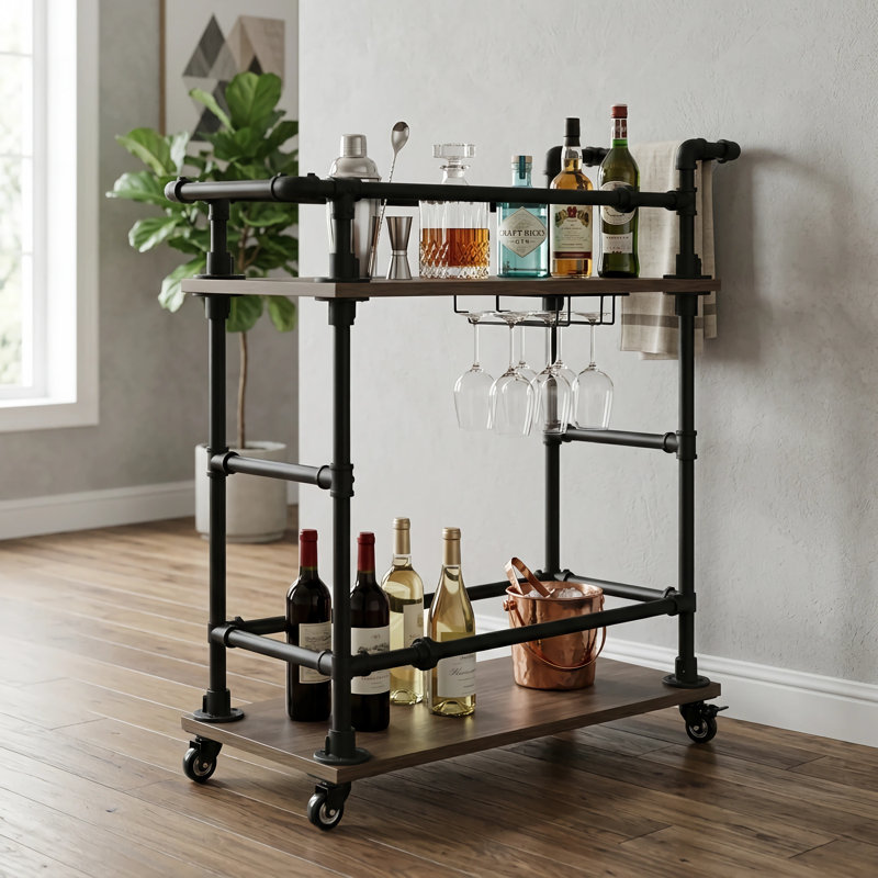 Chariot-bar industriel en métal et bois avec support à vin et porte-verres, brun