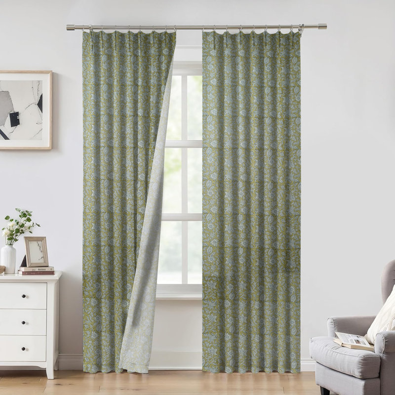 Fabdivine Light Brown and Blue 2 Panel Set with Handmade Block Print Floral Pinch Pleated Hook Curtains and Drapes Thick Linen, with 100% Blackout Fabric 27x36 Inches Home Décor, Manikarnika