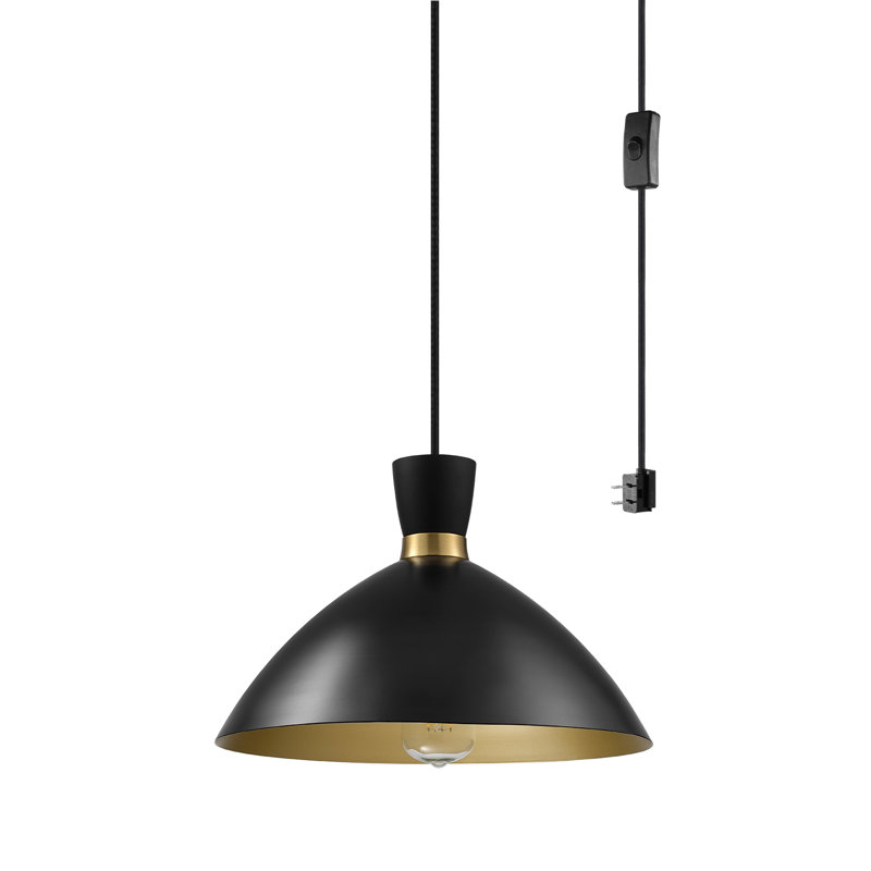 Luminaire suspendu 1 lumière noir mat et laiton avec cordon de 15 pi et interrupteur en ligne