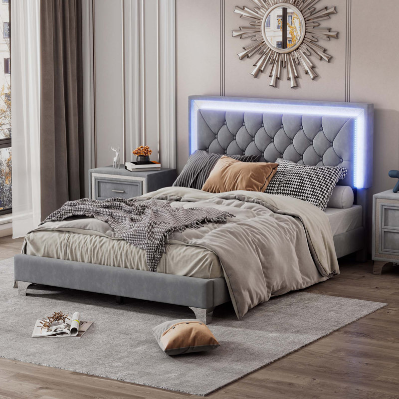 Mikhale Modern Velvet Platform Bed with Tufted Headboard and LED Lights, Pink, Twin