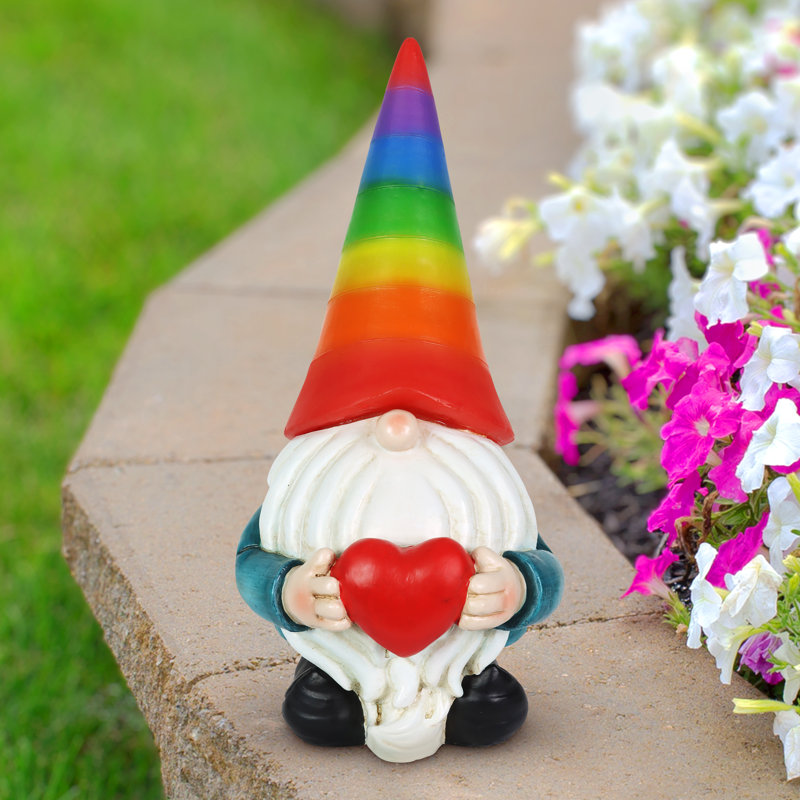 Solar Rainbow Hat Garden Gnome with Heart, 6 x 12.5 Inches