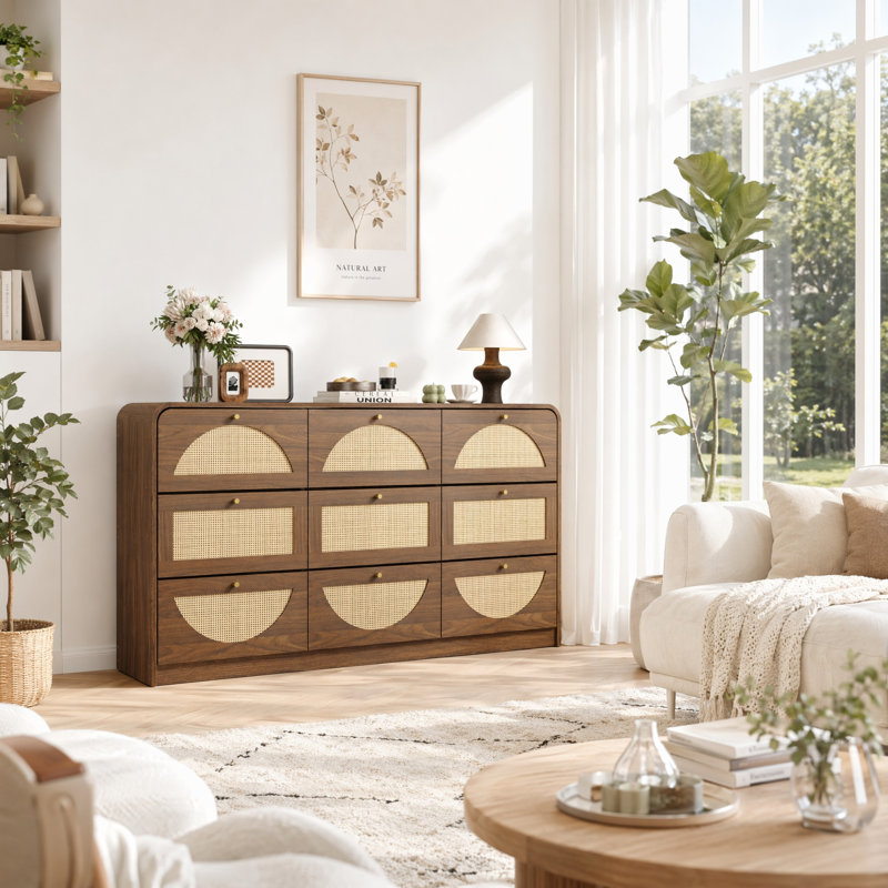 Commode 9 tiroirs avec façades en rotin tissé Rosuna, commode très large boho-moderne, Walnut