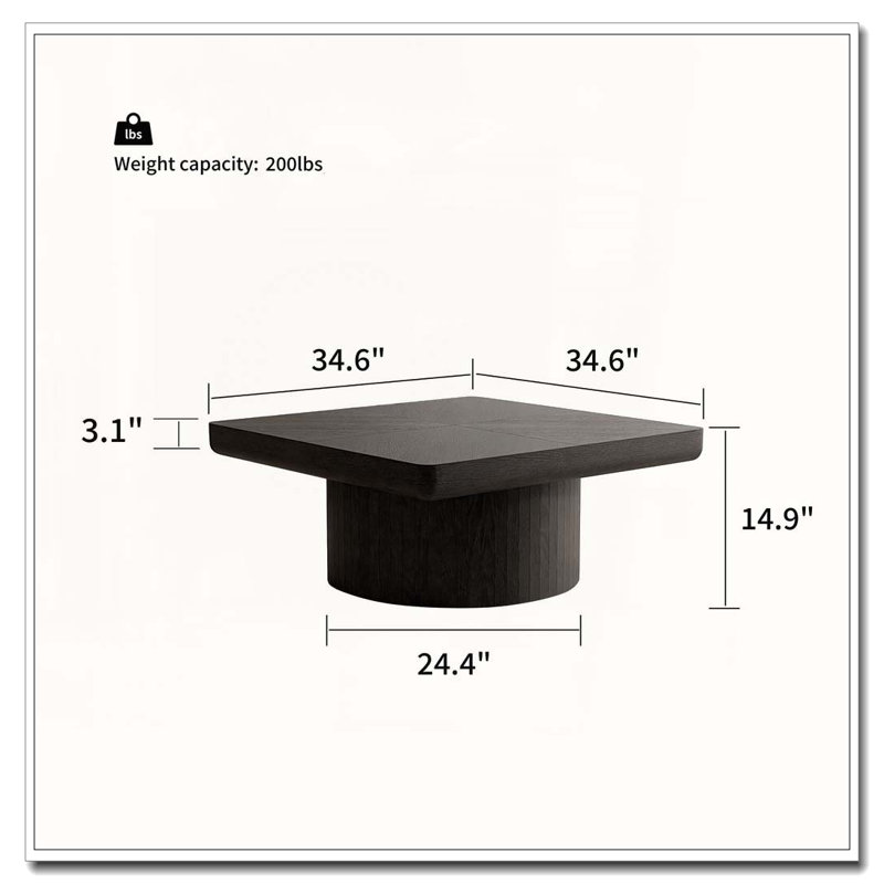 Table basse carrée de 34,6 po pour le salon, plateau en placage de bois moderne avec motif de parquet et base cylindrique, plateau de table épaissi, assemblage facile