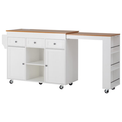85.5" Kitchen Island with Extendable Dining Table, Kitchen Storage Table with 3 Side Open Shelves, Rolling Kitchen Island with Power Outlet, 3 Drawers