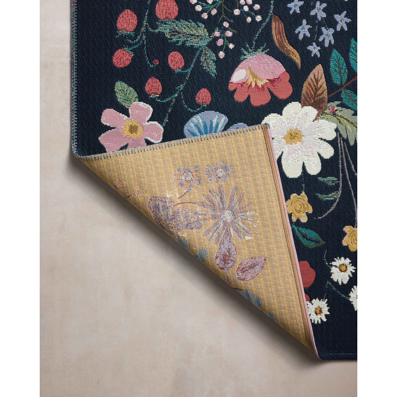 Black Floral Wool and Synthetic 5'-3" x 7'-8" Area Rug