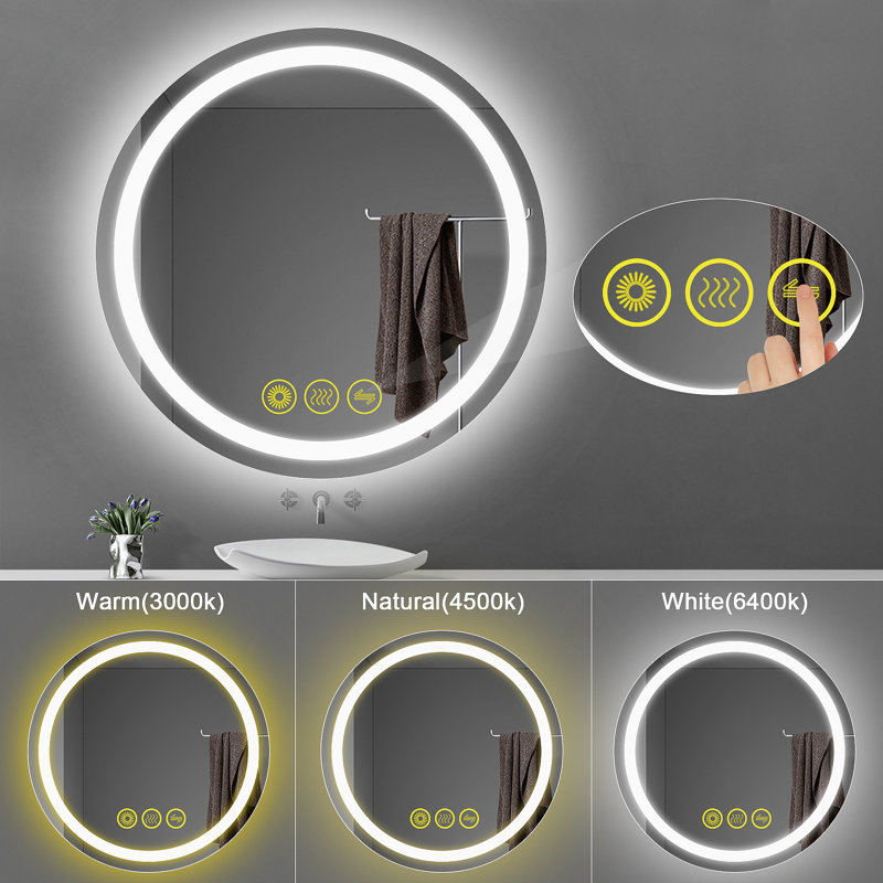 Miroir mural rond à DEL Margareth, H 32 po x l 32 po x P 1,2 po