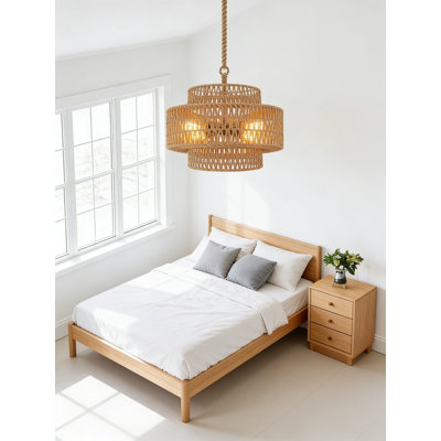 Luminaire lustre bohémien en rotin, luminaire suspendu en osier tissé à la main à 4 lumières avec cadre doré, style rustique rustique de style campagnard pour la cuisine, la salle à manger, la chambre à coucher, le salon ou le vestibule