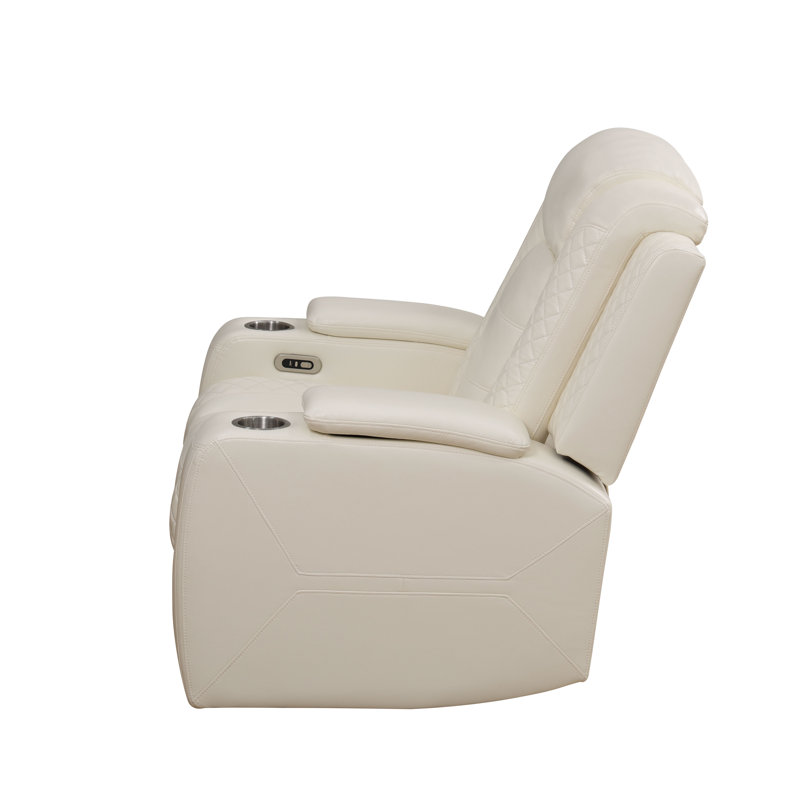 Fauteuil inclinable électrique de 37 po en cuir avec accoudoirs de rangement et lumières DEL bleues, Crème, crème