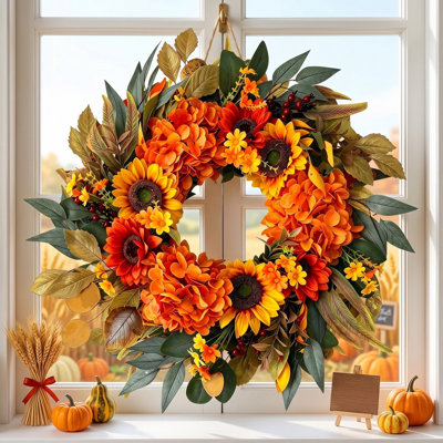 Couronnes d'automne pour la porte d'entrée, couronne de tournesol d'automne de 23,6 pouces, décor intérieur extérieur d'automne avec feuille d'érable, décorations d'Halloween de l'Action de grâce pour la maison, décoration de porche