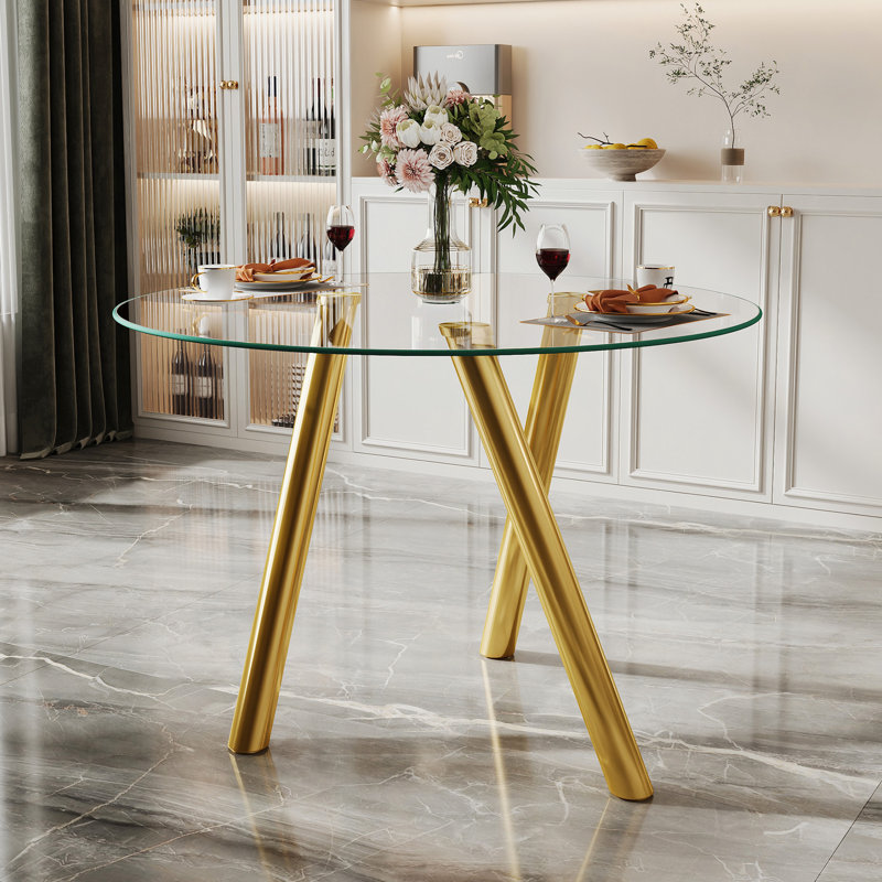Table de salle à manger 35 pouces en verre trempé avec pieds robustes en métal, Gold