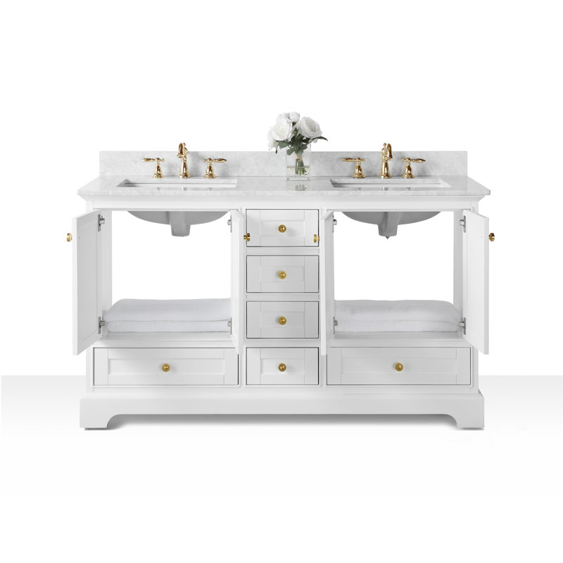 Audrey 66'' W Double Vanity, White | Brushed Gold, Carrara White