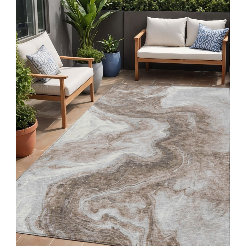 Tapis extérieur lavable abstrait taupe et argenté 5 pi x 8 pi