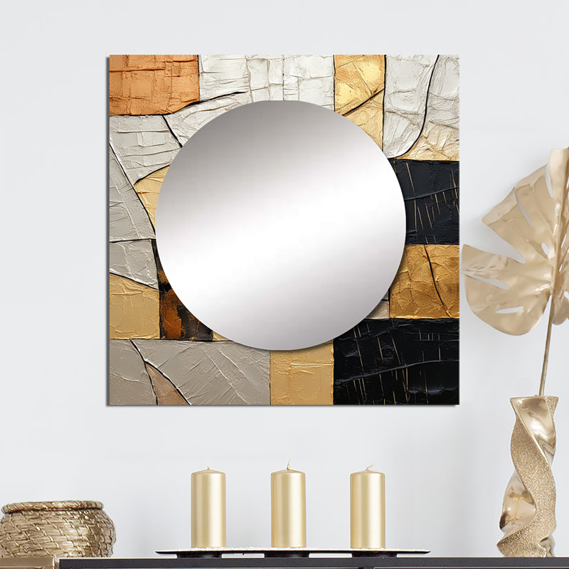 Christaphor - Black Gold Adorned Poteries II Abstract Spirals Square Mirror For Wall Art Decor, 23" x 23"