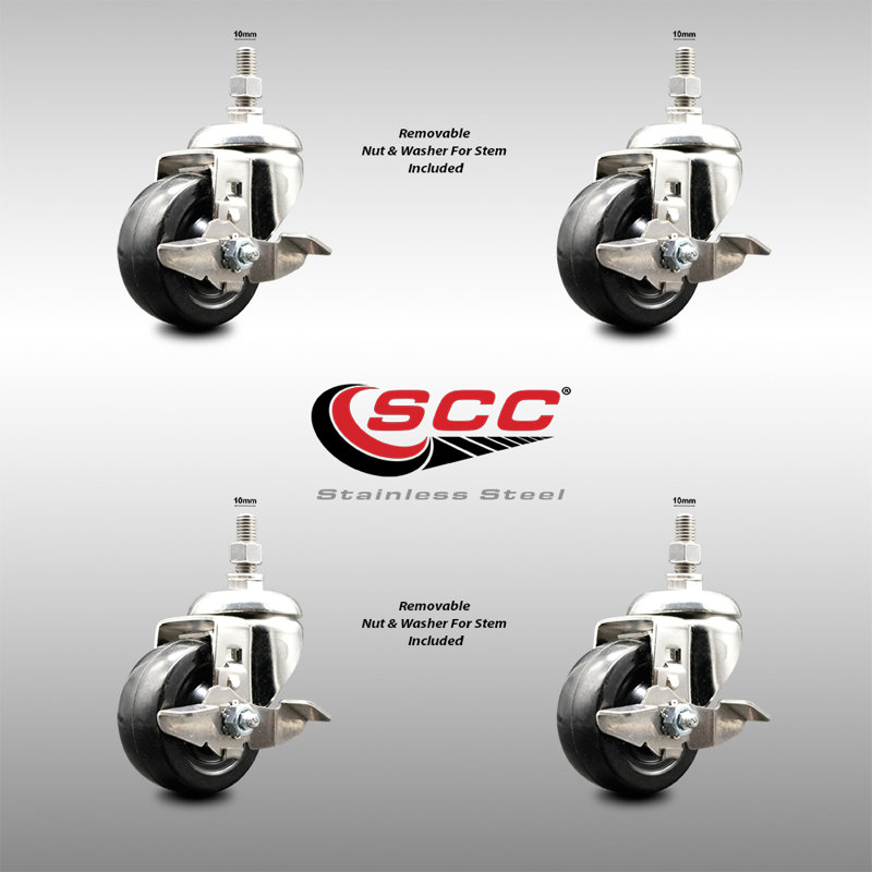 316SS Hard Rubber Wheel Swivel Threaded Stem Caster Set Brake