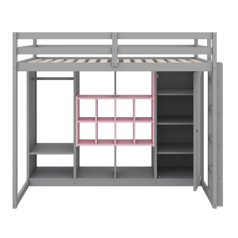 Lit mezzanine simple avec garde-robe intégrée, tablettes, armoire et marches, Gris / Rose