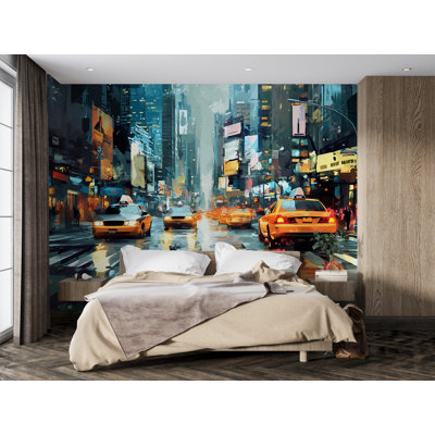 Papier peint New York Taxi - peinture murale dynamique de scène de rue, ambiance urbaine pour chambre à coucher ou salon, décoration murale urbaine colorée
