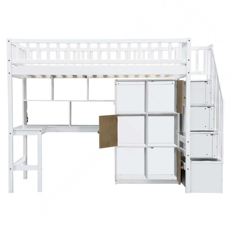 Lit mezzanine en bois avec bureau intégré, DEL, tablettes de rangement, armoires et escalier, White